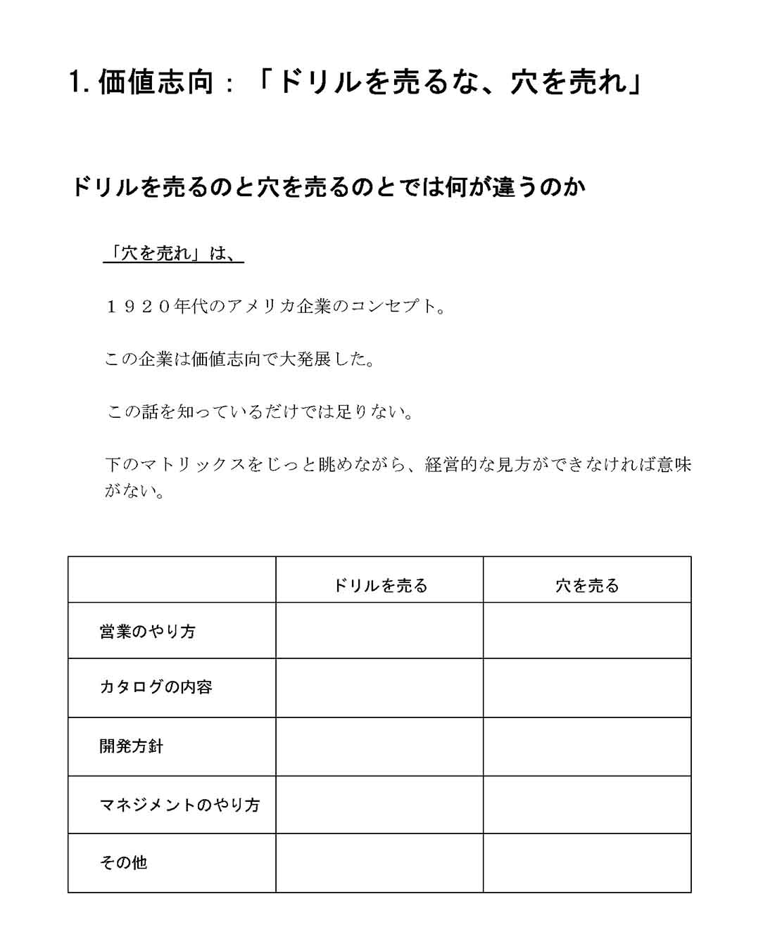 価値志向：「ドリルを売るな、穴を売れ」